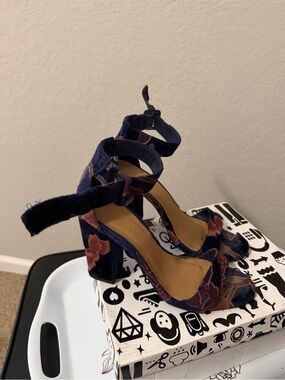 BAMBOO Navy Floral Velvet Ankle-Strap Block Heels